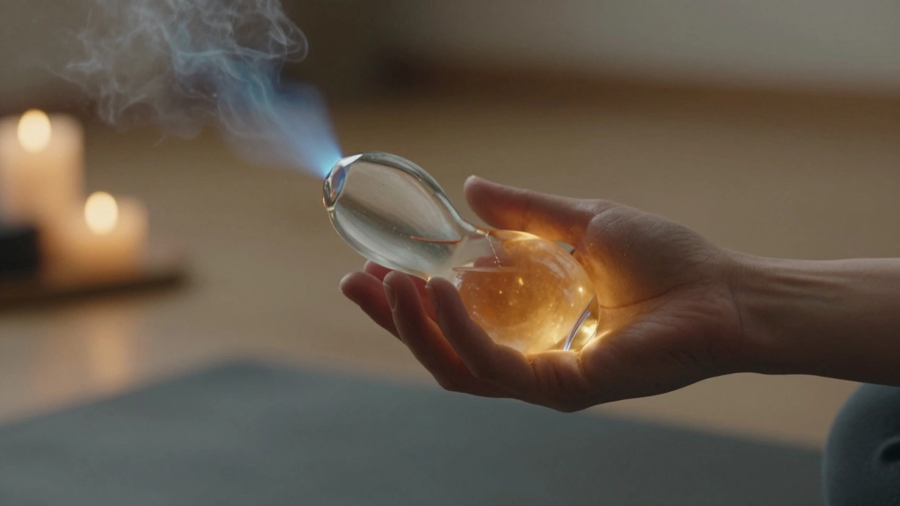A hand holding a glass dildo with subtle blue and amber light representing temperature play, surrounded by calming elements.