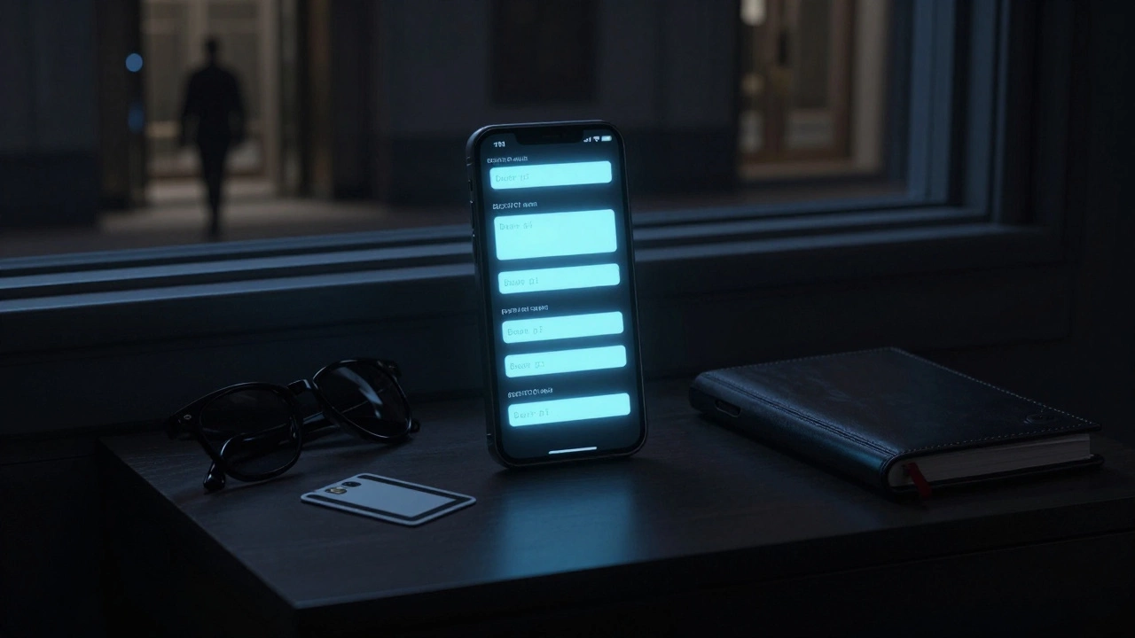 A smartphone displays encrypted messages in the dark, next to a keycard and sunglasses on a nightstand.