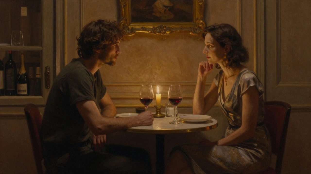 A woman and man share a quiet dinner in a softly lit room, engaged in calm conversation with no digital devices visible.