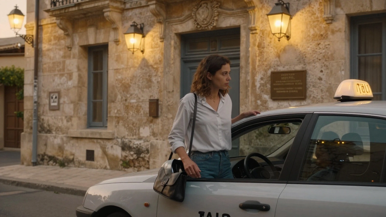 A woman stepping out of a taxi outside a historic hotel in Saint-Cyprien, Toulouse, carrying only a small bag.