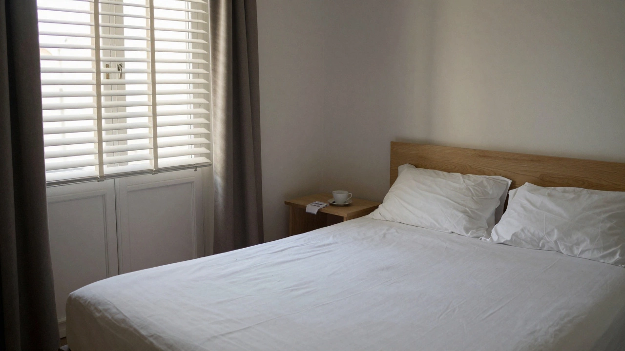 An empty hotel room in Toulouse the next morning, a teacup and folded note on the nightstand, sunlight on the bed.