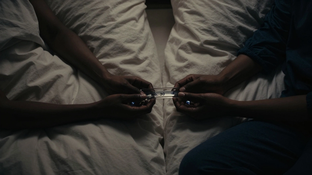 Two silhouettes sharing a glass dildo in quiet intimacy, bathed in soft dim light, emphasizing connection without words.